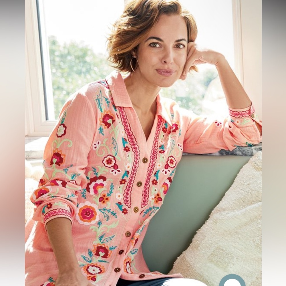NWOT Soft Surroundings Alessia Embroidered Gauze Tunic Peach Size Small